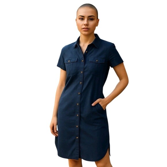 Teddi Rose Women's S Button Front Soft Tencel Midi Shirt Dress Belted Navy NWT - Picture 1 of 11